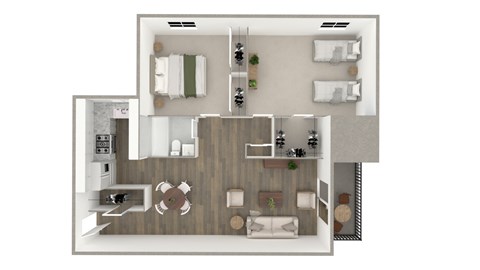 A floor plan of a house with a kitchen, living room, and two bedrooms.